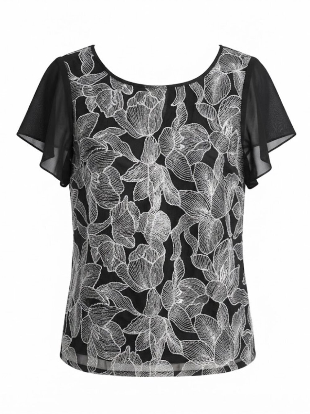 White House Black Market Black & White Floral Sheer Flutter Sleeve Blouse M NWT